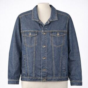 AJIO Mens Classic Blue Denim Utility Jacket Large Button Trucker Chore Coat Y2K